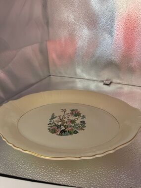 Vintage Cream Ceramic Serving Platter with Floral Center and Gold Trim